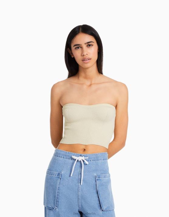 Creme Bershka Frauen Geripptes Korsett-Oberteil H00J724