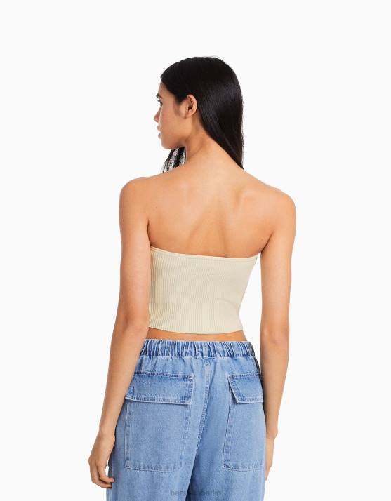 Creme Bershka Frauen Geripptes Korsett-Oberteil H00J724