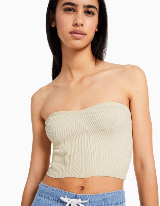 Creme Bershka Frauen Geripptes Korsett-Oberteil H00J724