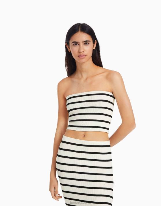 Creme Bershka Frauen Gestreiftes Oberteil mit Bandeau-Ausschnitt H00J758