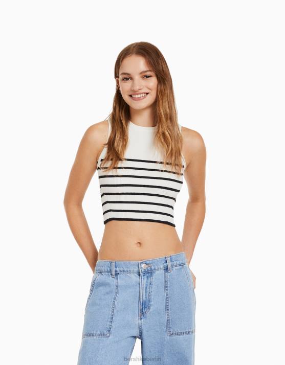 Creme Bershka Frauen Gestreiftes, ärmelloses Strickoberteil H00J884