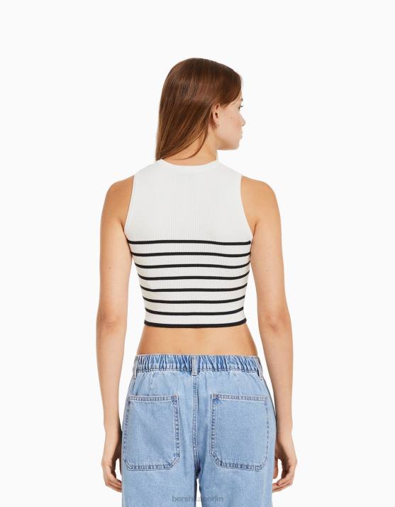 Creme Bershka Frauen Gestreiftes, ärmelloses Strickoberteil H00J884