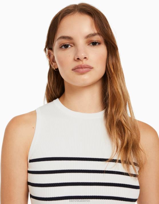 Creme Bershka Frauen Gestreiftes, ärmelloses Strickoberteil H00J884