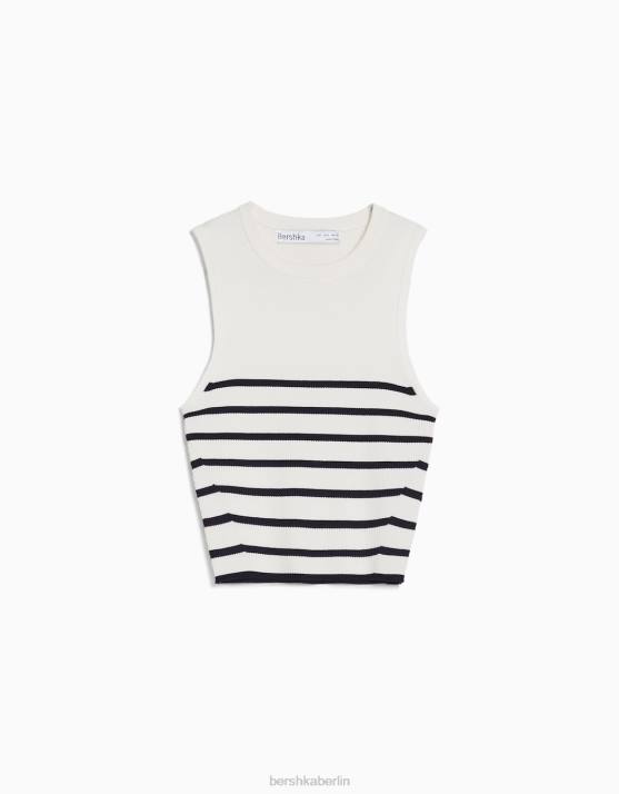 Creme Bershka Frauen Gestreiftes, ärmelloses Strickoberteil H00J884