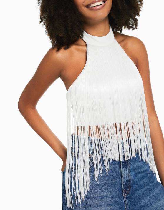Creme Bershka Frauen Neckholder-Top mit Fransen H00J717