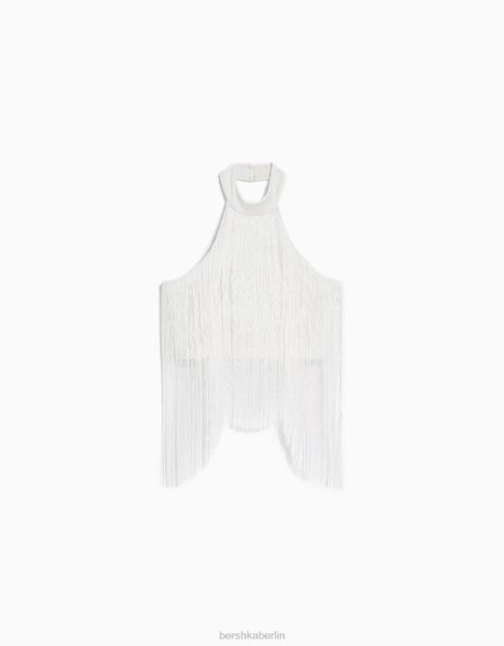 Creme Bershka Frauen Neckholder-Top mit Fransen H00J717