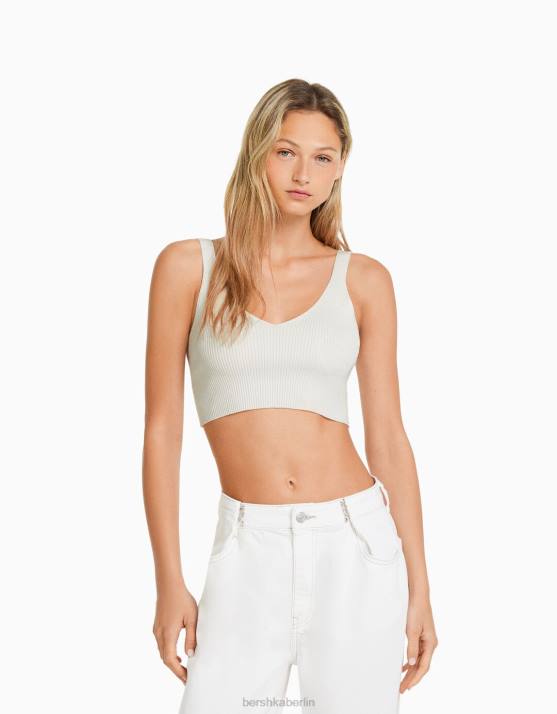 Creme Bershka Frauen Rippstrick-Top mit V-Ausschnitt H00J776