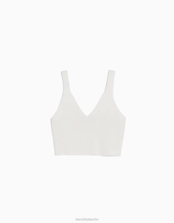 Creme Bershka Frauen Rippstrick-Top mit V-Ausschnitt H00J776