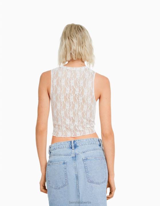 Creme Bershka Frauen ärmelloses Spitzenhemd H00J874