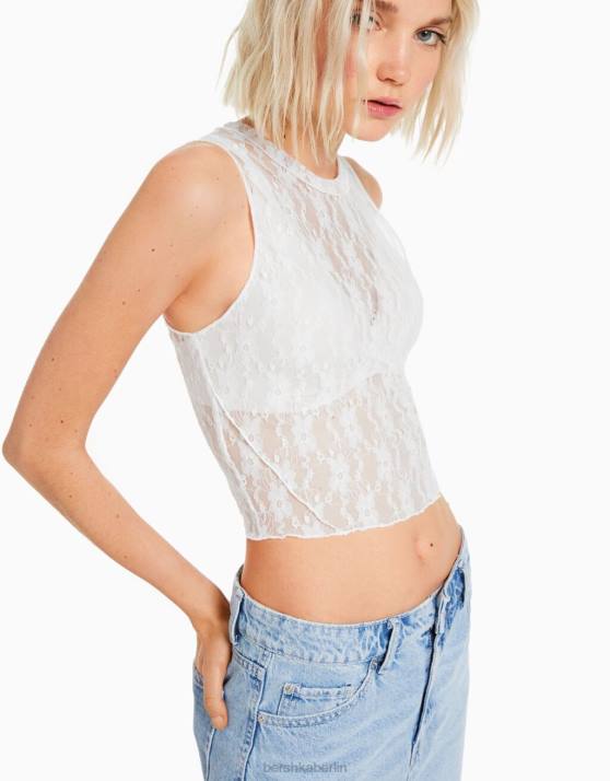Creme Bershka Frauen ärmelloses Spitzenhemd H00J874