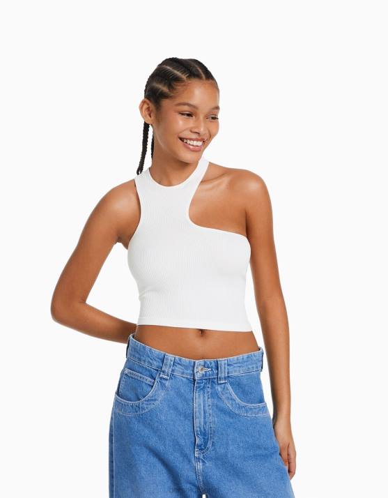 Creme Bershka Frauen ärmelloses, nahtloses, asymmetrisches Oberteil H00J875