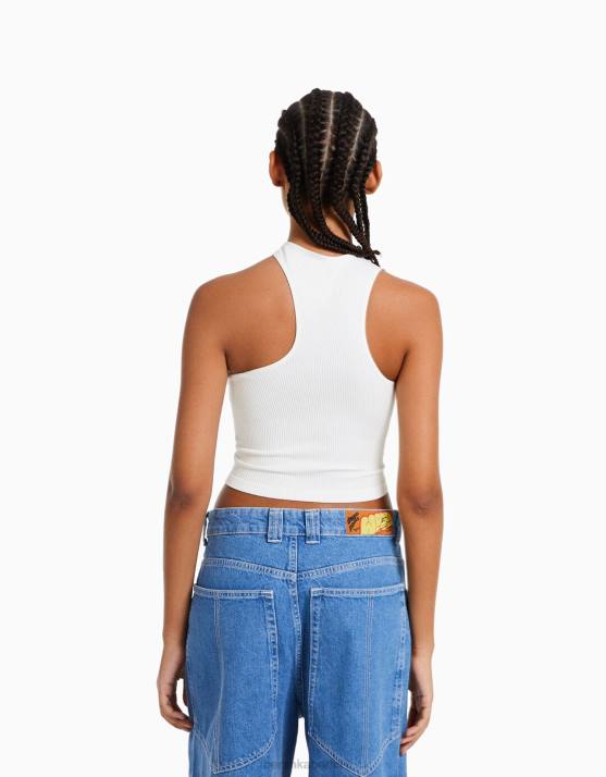 Creme Bershka Frauen ärmelloses, nahtloses, asymmetrisches Oberteil H00J875