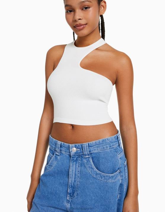 Creme Bershka Frauen ärmelloses, nahtloses, asymmetrisches Oberteil H00J875