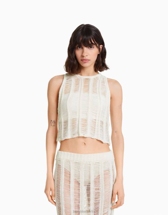 Creme Bershka Frauen ärmelloses, offen gestricktes Oberteil H00J1843