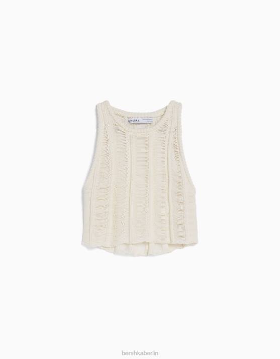 Creme Bershka Frauen ärmelloses, offen gestricktes Oberteil H00J1843