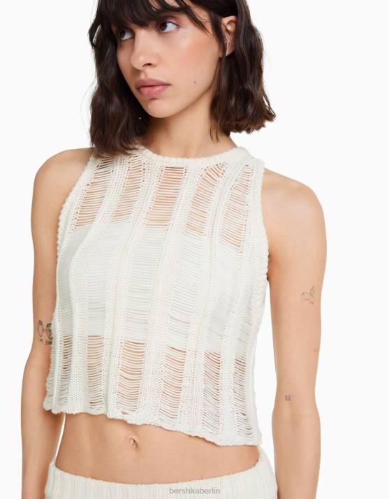 Creme Bershka Frauen ärmelloses, offen gestricktes Oberteil H00J755