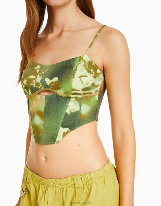 Grün Bershka Frauen Oberteil im Korsett-Stil mit Bengaline-Print H00J832