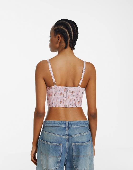Rosa Bershka Frauen Kurzes Korsett-Oberteil aus Popeline mit Trägern H00J688