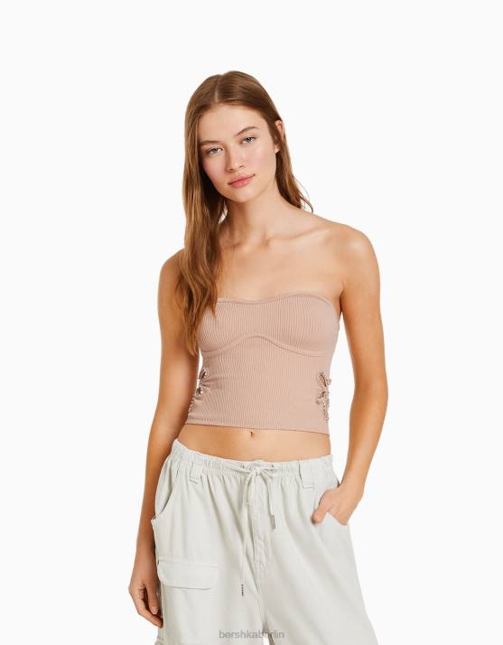 Rosa Bershka Frauen Nahtloses Bandeau-Top mit Blumendetail H00J853