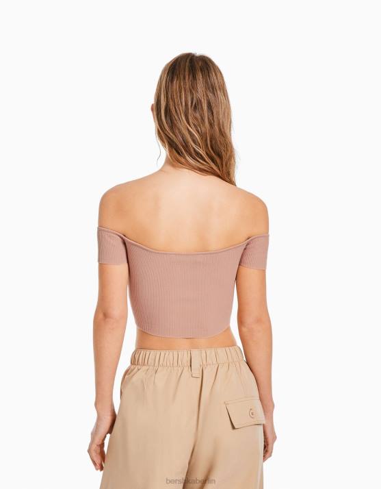 Rosa Bershka Frauen Schulterfreies Strickkorsett mit kurzen Ärmeln H00J805
