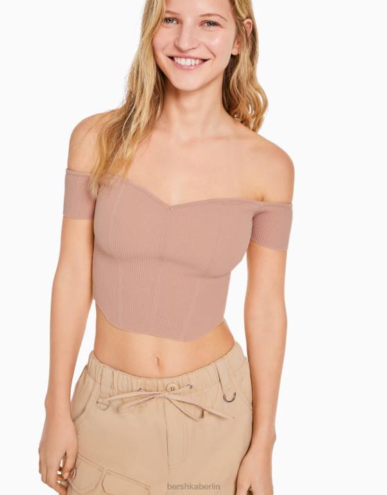 Rosa Bershka Frauen Schulterfreies Strickkorsett mit kurzen Ärmeln H00J805