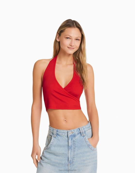 Rot Bershka Frauen Geripptes Neckholder-Crop-Top H00J682