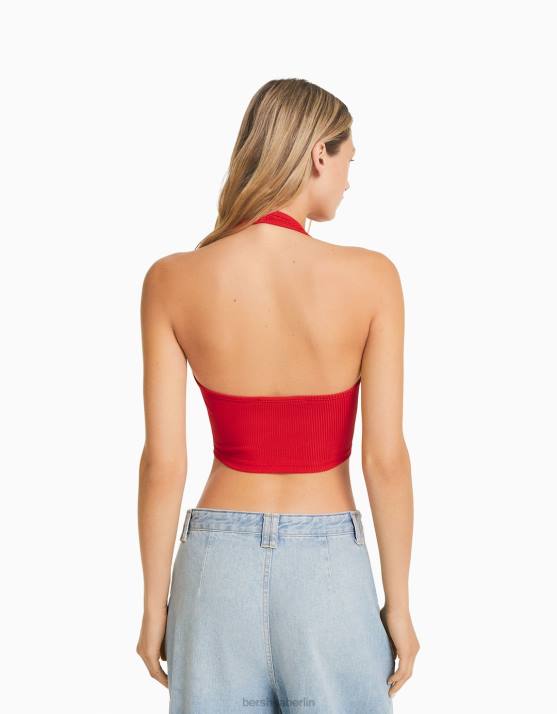 Rot Bershka Frauen Geripptes Neckholder-Crop-Top H00J682