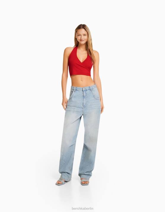 Rot Bershka Frauen Geripptes Neckholder-Crop-Top H00J682