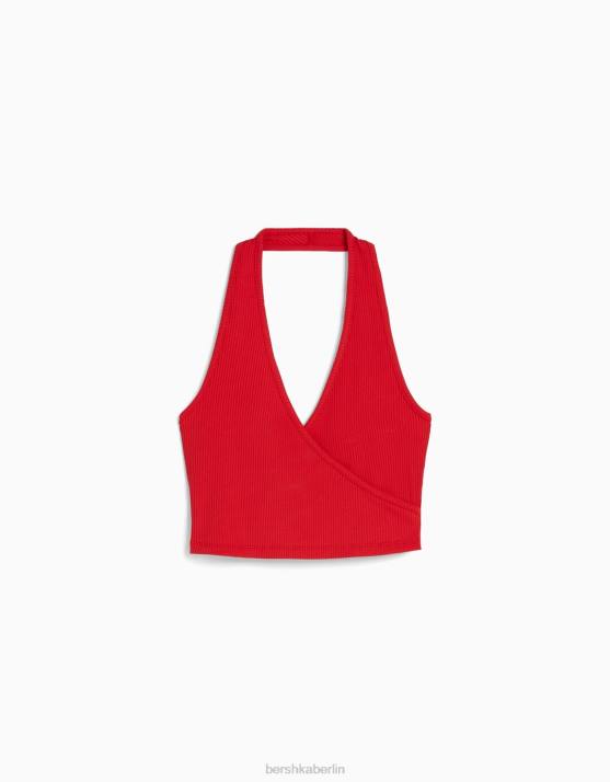 Rot Bershka Frauen Geripptes Neckholder-Crop-Top H00J682