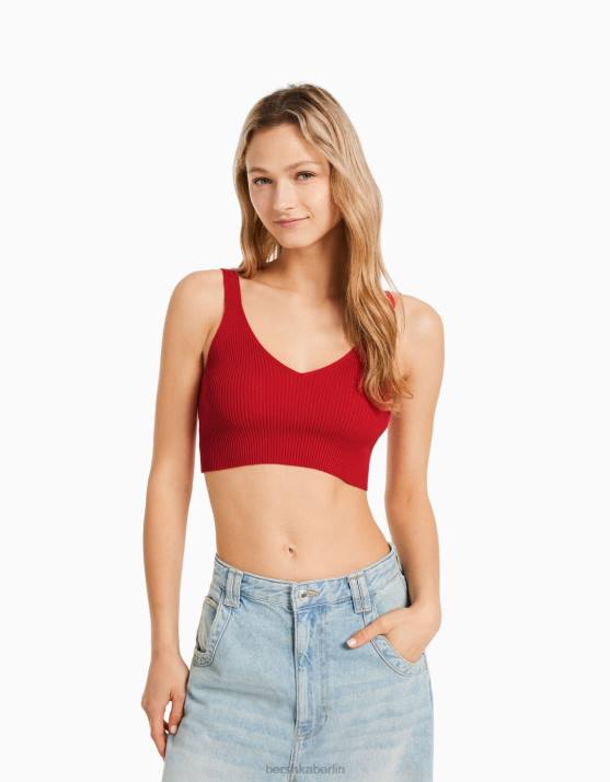 Rot Bershka Frauen Rippstrick-Top mit V-Ausschnitt H00J778