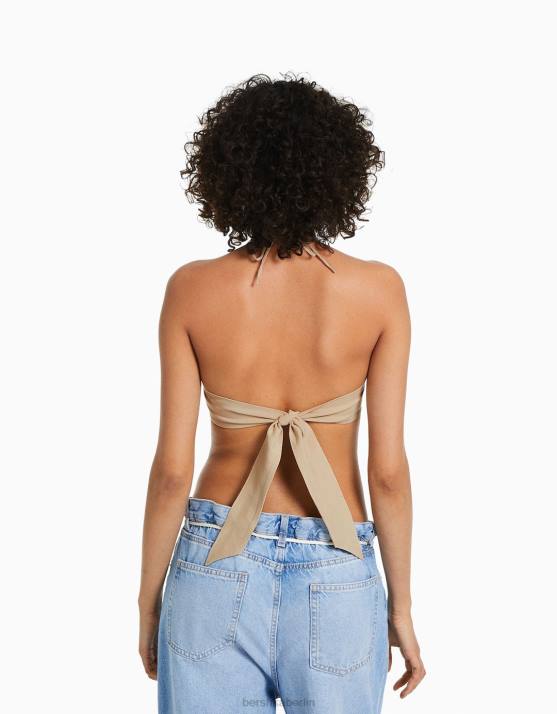 Sand Bershka Frauen gebundenes Neckholder-Top H00J879