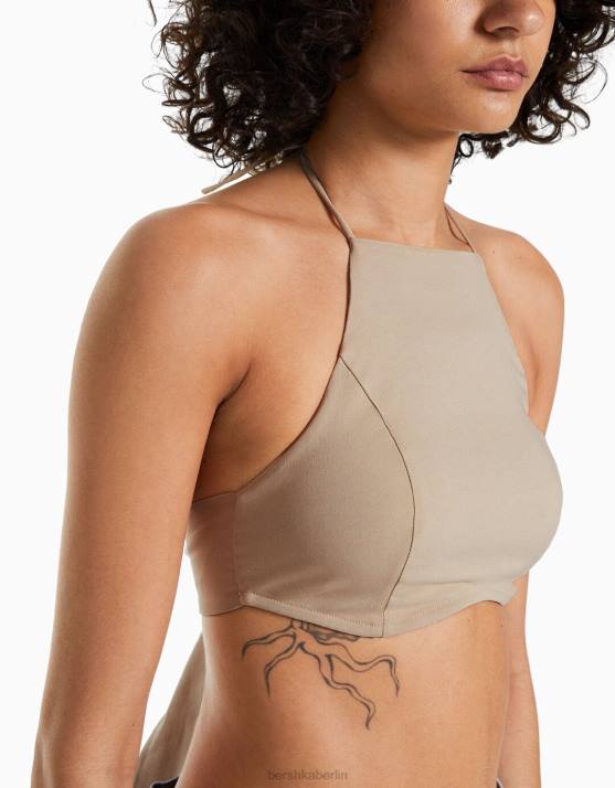 Sand Bershka Frauen gebundenes Neckholder-Top H00J879