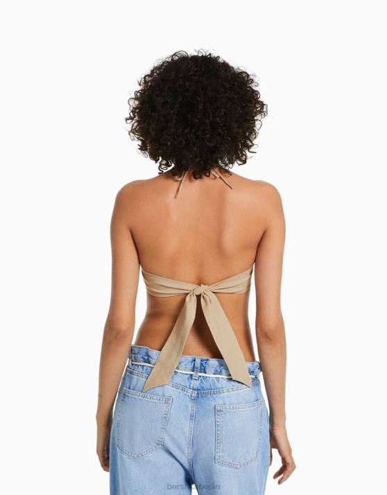Sand Bershka Frauen gebundenes Neckholder-Top H00J880