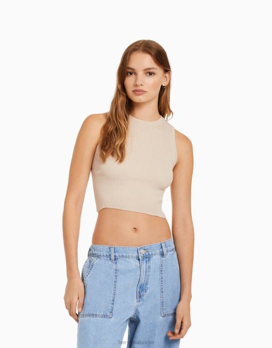 Sand Bershka Frauen ärmelloses Strickoberteil H00J885