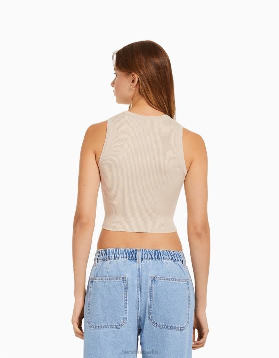 Sand Bershka Frauen ärmelloses Strickoberteil H00J885