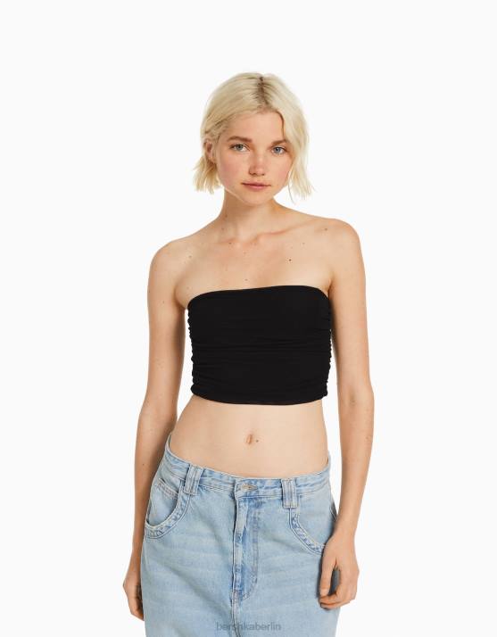 Schwarz Bershka Frauen Bandeau-Crop-Top aus Netzstoff H00J811
