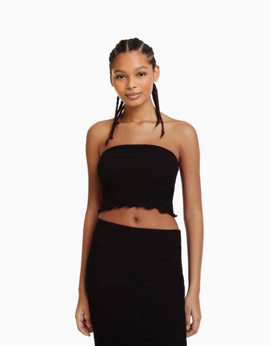 Schwarz Bershka Frauen Bandeau-Oberteil aus Waffelstrick H00J858