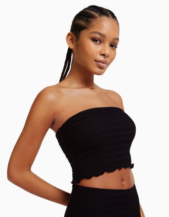 Schwarz Bershka Frauen Bandeau-Oberteil aus Waffelstrick H00J858