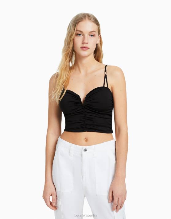 Schwarz Bershka Frauen Gerafftes Oberteil mit Ausschnittdetail H00J784