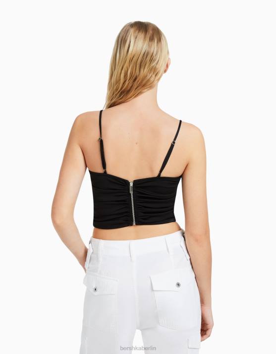 Schwarz Bershka Frauen Gerafftes Oberteil mit Ausschnittdetail H00J784
