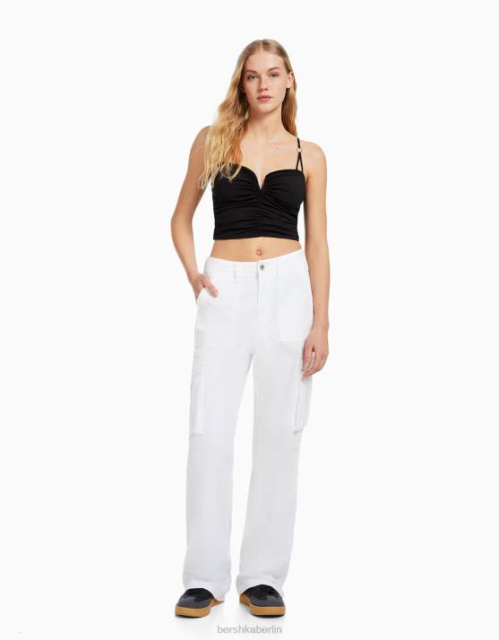 Schwarz Bershka Frauen Gerafftes Oberteil mit Ausschnittdetail H00J784