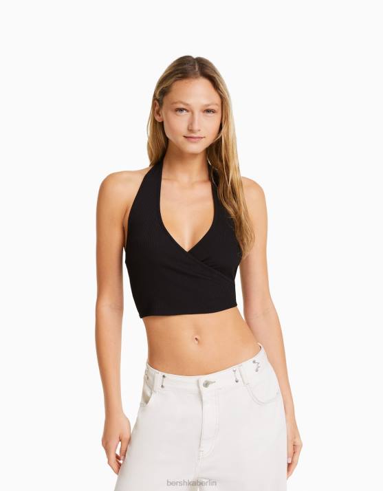 Schwarz Bershka Frauen Geripptes Neckholder-Crop-Top H00J681