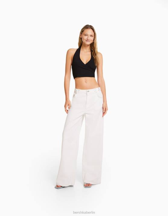 Schwarz Bershka Frauen Geripptes Neckholder-Crop-Top H00J681