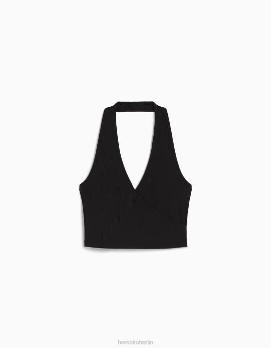 Schwarz Bershka Frauen Geripptes Neckholder-Crop-Top H00J681
