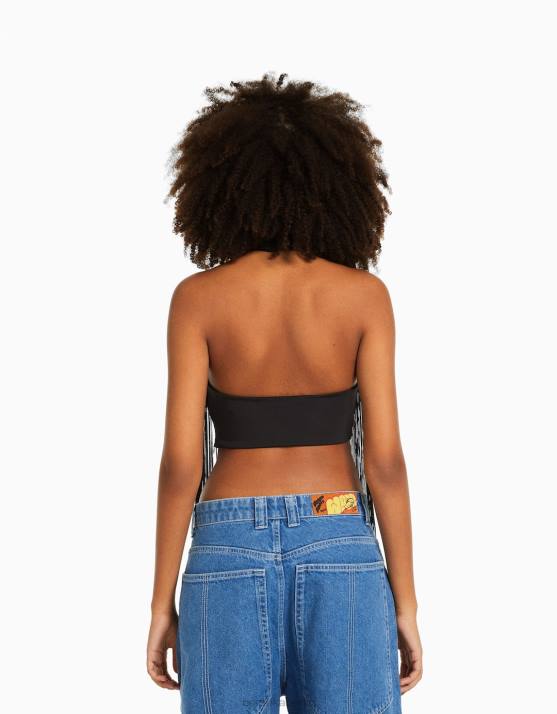 Schwarz Bershka Frauen Neckholder-Top mit Fransen H00J716