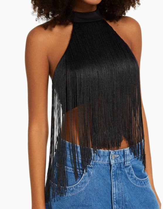 Schwarz Bershka Frauen Neckholder-Top mit Fransen H00J716