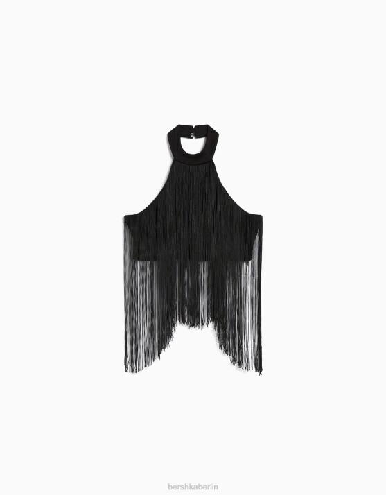 Schwarz Bershka Frauen Neckholder-Top mit Fransen H00J716