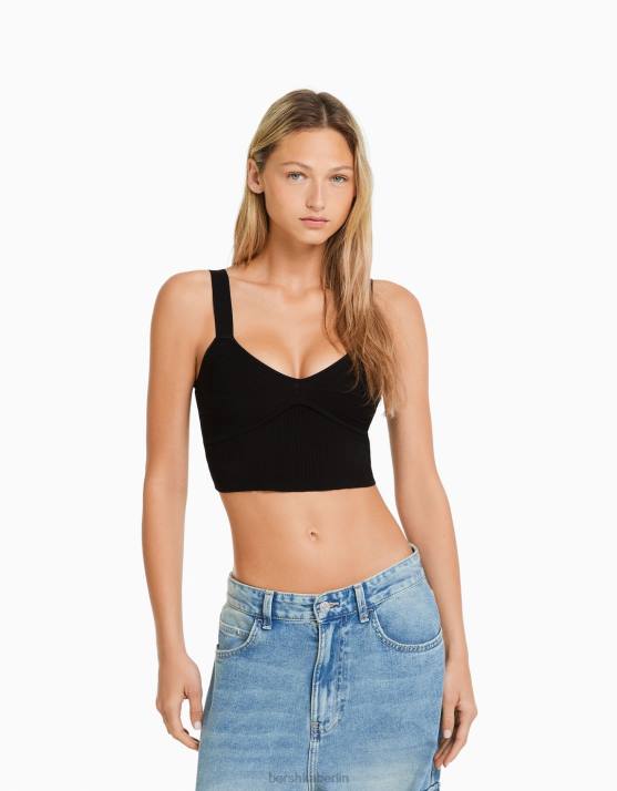 Schwarz Bershka Frauen Oberteil aus geripptem Nylon mit Trägern H00J835