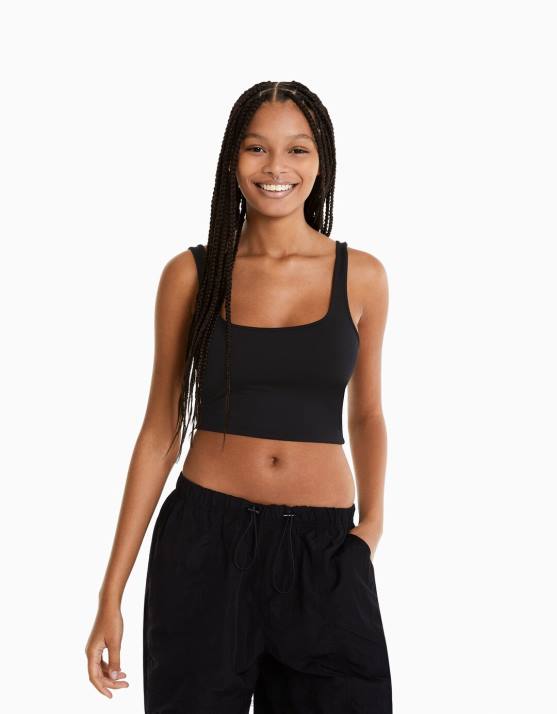 Schwarz Bershka Frauen Top mit breiten Trägern H00J801