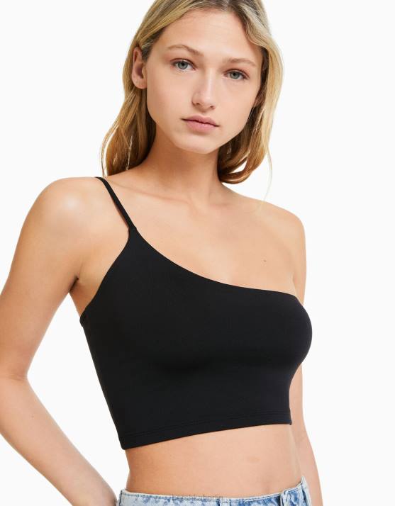 Schwarz Bershka Frauen asymmetrisches Crop-Top mit Träger H00J750